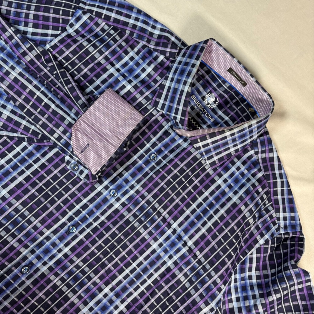 Bugatchi Uomo Mens XXL Purple Blue Plaid Cotton Button Down Shirt Classic Fit